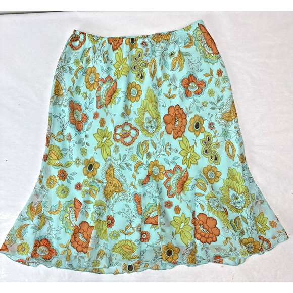 Vintage Y2K Skirt Lined Floral Aqua 70s-inspired A-Line Flowy Lightweight Large - Picture 1 of 6